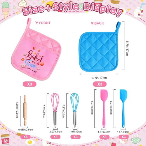 Miniatura 2 de RoundFunny 24 piezas de mini suministros para hornear para niños con utensilios de cocina, soportes para ollas, espátula, rodillo, batidor