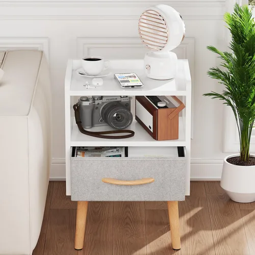 Miniatura 3 de LUCKNOCK Mesita de noche blanca con cajón, mesita de noche moderna de mediados de siglo, mesita de noche de madera resistente con estante
