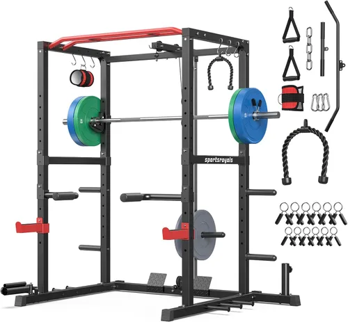 Miniatura 30 de Sportsroyals Jaula de Potencia, Rack de Potencia Multifuncional de 1600 libras con Sistema de Cruce de Cable Ajustable y Más Accesorios de Azul
