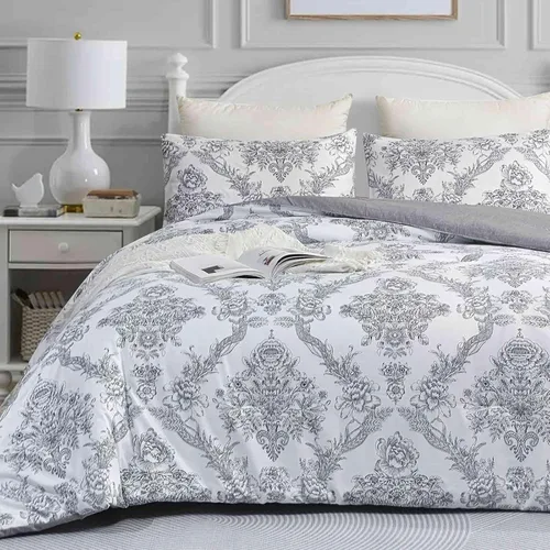 Miniatura 11 de Faincy Juego de edredón floral de tamaño individual, diseño de hojas de flores rosas y blancas, juego de cama alternativo reversible preppy, edredón