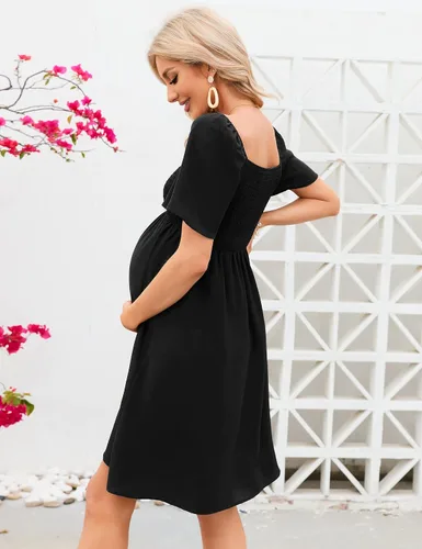 Miniatura 2 de KOJOOIN Vestido de maternidad de verano para mujer, lazo en la espalda, cuello cuadrado, manga abombada, hombros descubiertos, vestido de baby shower