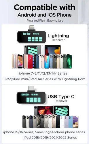 Miniatura 3 de Micrófono de solapa inalámbrico Lavalier para iPhone/Android/iPad para grabación de video con reducción de ruido/eco/sonido de estudio de 24 bits