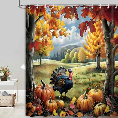 Cortina de ducha de pavo de Acción de Gracias, acuarela, calabaza, hojas de otoño, cosecha, juego de cortinas de baño, tela lavable a máquina, 72 x