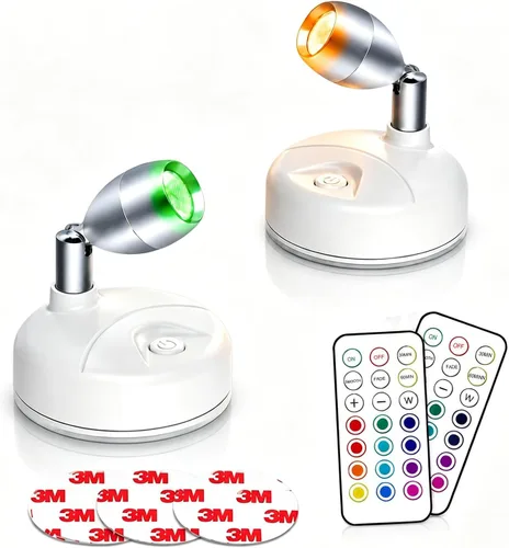 Foco pequeño con batería con control remoto, RGB LED inalámbrico pequeño foco giratorio con atenuador y temporizador para pintura de obras de arte