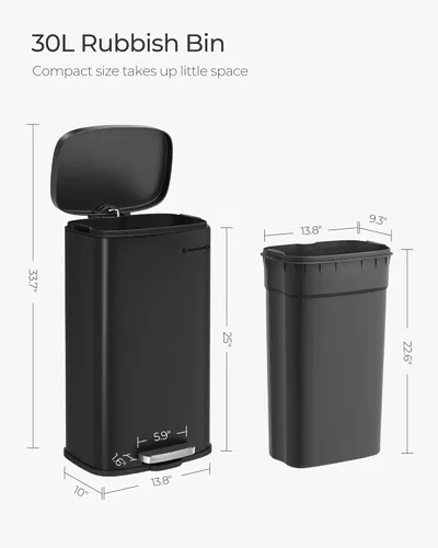 Miniatura 6 de SONGMICS Bote de basura con tapa, cubo de basura de 8 galones, cubo de basura pequeño de acero inoxidable con pedal escalonado y cubo interior, Negro