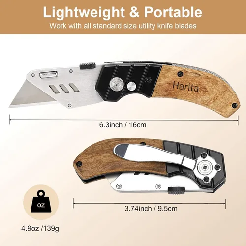 Miniatura 3 de Harita Cortador de caja de cuchillos utilitarios con clip para cinturón, paquete extra de 5 hojas de repuesto y mango de madera, cortador