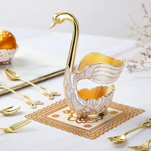 Miniatura 4 de Soporte de base de cisne dorado, organizador de cucharas de postre de cisne decorativo para mesa, con juego de 6 cucharas de café, elegantes