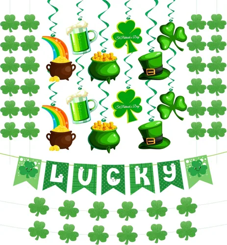 31 piezas de decoraciones del día de San Patricio, trébol premontado, banderines de la suerte, trébol, remolinos colgantes, decoración irlandesa