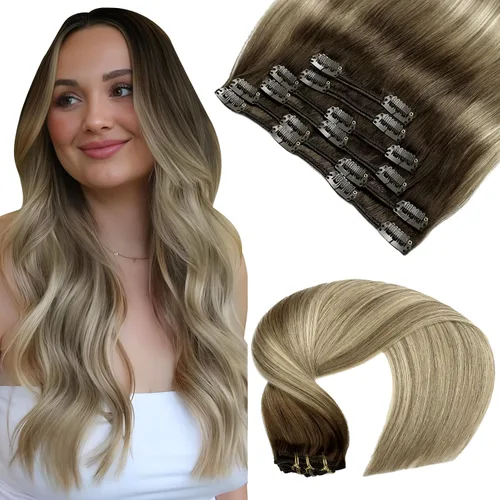 Miniatura 13 de VINBAO Extensiones de cabello humano con clip, balayage, color marrón ceniza a rubio caramelo, 14 pulgadas, 6 unidades, 3.53 onzas, 6