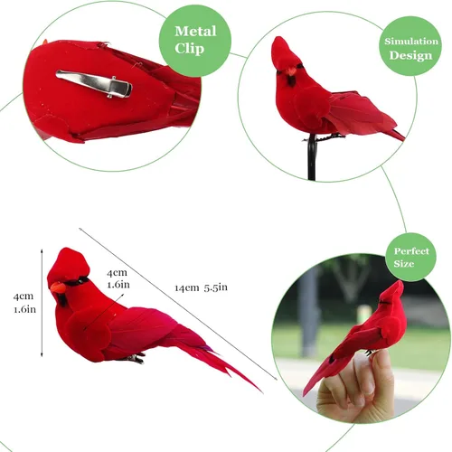 Miniatura 2 de 12 adornos de pájaros cardenales rojos, decoración de árbol de Navidad, 5.5 pulgadas, clip en tela emplumada, pájaros artificiales para decoración