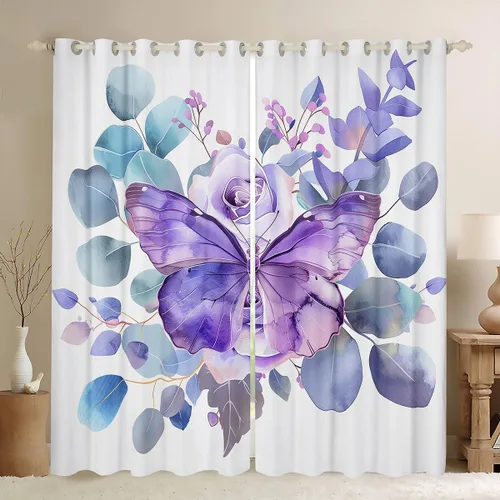 Miniatura 15 de Erosebridal Cortinas y cortinas ligeras de mariposas azules para niños y niñas, hojas de eucalipto para sala de estar, dormitorio, jardín, vida Azul
