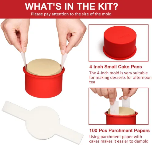 Miniatura 3 de Alimat PluS Molde redondo de silicona para tartas de 4 pulgadas, paquete de 5 mini moldes para pasteles con 100 piezas de papel pergamino, moldes