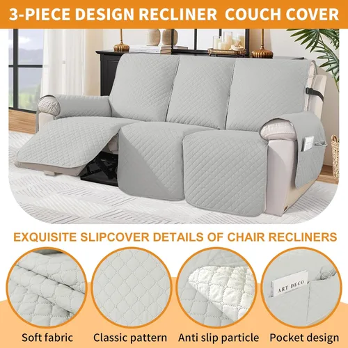Miniatura 2 de XINEAGE Funda reclinable resistente al agua, fundas para sofá reclinable de 3 asientos con bolsillos, funda protectora acolchada gruesa para Gris