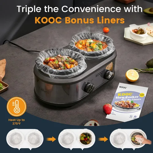 Miniatura 5 de KOOC Olla de cocción lenta doble pequeña, servidor de buffet y calentador, 2 ollas mini con 3 temperaturas ajustables individuales, ollas cerámicas
