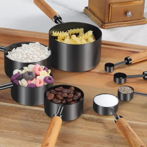 Miniatura 7 de GuDoQi Juego de 8 tazas y cucharas medidoras con mango de madera, tazas y cucharas medidoras de acero inoxidable dorado, medidas, medidas Negro