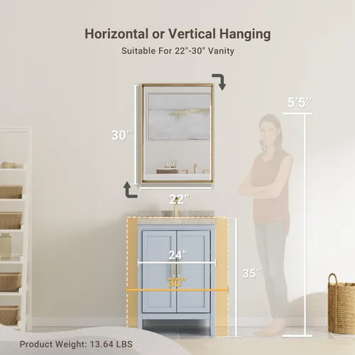 Miniatura 6 de Espejo de baño dorado, espejo de baño dorado cepillado de 22 x 30 pulgadas, borde biselado, espejo rectangular de tocador de baño con marco de metal