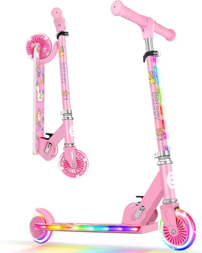BELEEV V2 - Scooter para niños con ruedas y tallo y plataforma iluminados, scooter plegable de 2 ruedas para niñas y niños, 3 alturas ajustables,