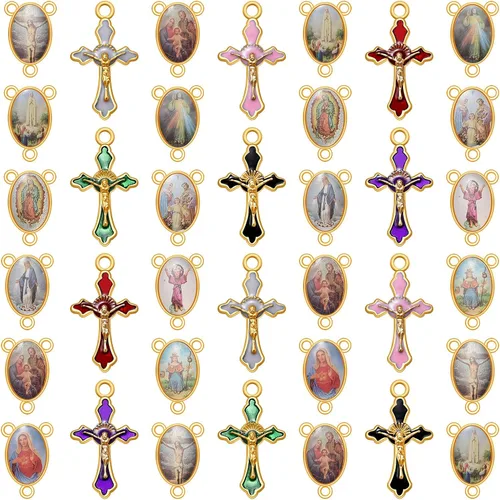 60 piezas/30 juegos de suministros para kits de fabricación de rosario, religion, cruz y medalla central, dijes de aleación, imagen de Jesús, Dorado