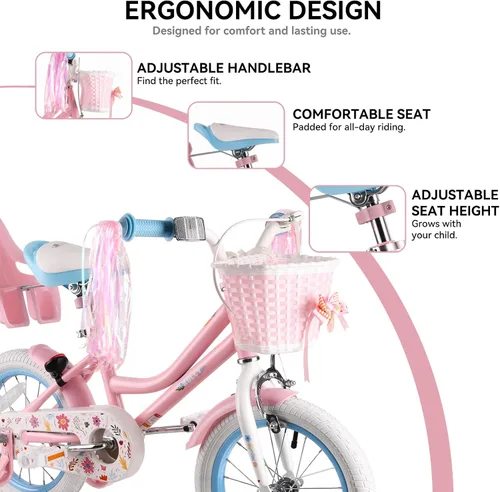 Miniatura 4 de RULLY 12 14 16 Inch Girls Bike for 2-7 Year Olds, Daisy Kids Bicycle with Training Wheels, Basket & Doll Seat, Retro Toddler Bike with Coaster