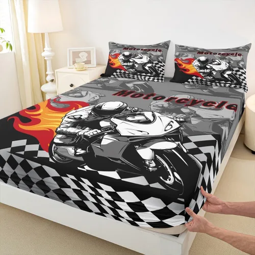 Miniatura 16 de Juego de sábanas bajeras para niños de Red Race Car tamaño individual, juego de ropa de cama con bandera de carreras de deportes extremos