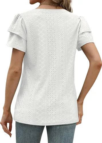Miniatura 4 de Geifa Camisetas de verano para mujer, con volantes, manga corta, cuello en V, ajuste holgado, con ojales