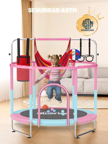 Miniatura 2 de Bluerise - Cama elástica de 55 pulgadas/6 pies, para niños, juego interior y exterior, con canasta de baloncesto para cama elástica, malla de Rosa