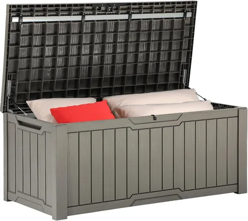 Miniatura 14 de YITAHOME Caja grande de cubierta de 120 galones con parte delantera en forma de X, cajas de almacenamiento de resina para exteriores, banco de Negro