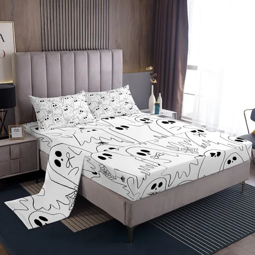 Miniatura 11 de Feelyou Juego de sábanas de fantasma negro para niños y niñas, tamaño individual, juego de sábanas de fantasma de calavera para niños, mujeres
