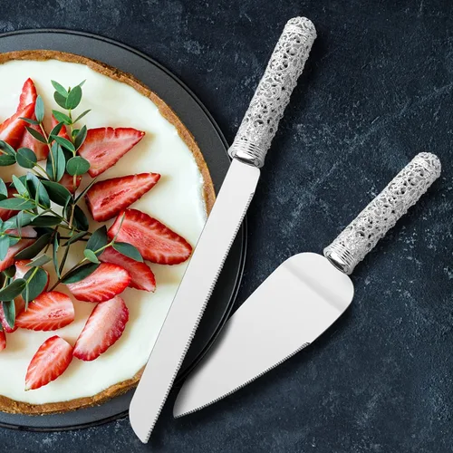 Miniatura 7 de Juego de cuchillo y servidor de plata para boda, juego de 2 piezas de postre con mango de metal con piedras de cristal para decoración de bodas