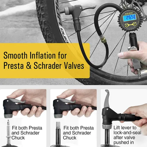 Miniatura 4 de AZUNO Medidor digital de inflado de neumáticos de bicicleta con tipo de válvula de selección automática - Herramienta de compresor de aire Presta