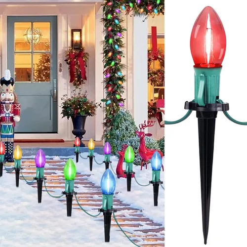 Miniatura 11 de Brightown Tira de luces LED estilo sendero de Navidad para exteriores; tira de 20 luces LED C9 de 25.7 pies con 20 estacas interconectables y a