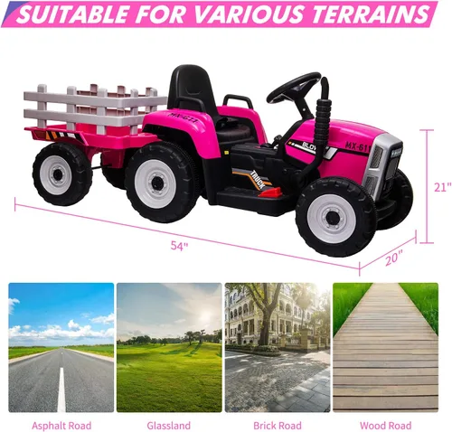 Miniatura 6 de Tractor Eléctrico de 12V con Batería para Niños con Remolque, Carro Montable para Niños Pequeños con Control Remoto/7 Faros LED/Cambio de Marchas