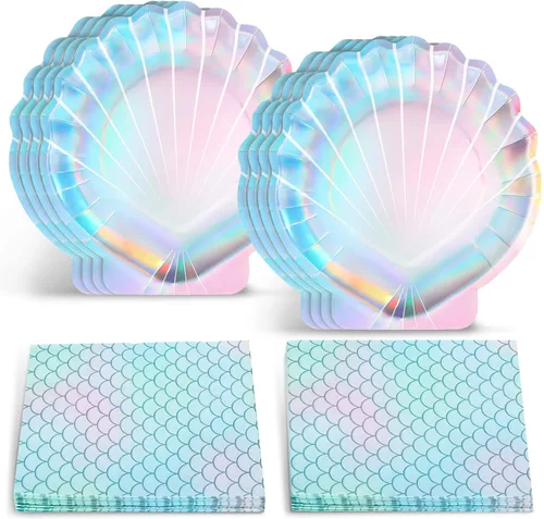 Miniatura 7 de Gersoniel Juego de 40 piezas de suministros para fiesta de sirena iridiscente, 20 platos y 20 servilletas con escamas, decoraciones para fiesta