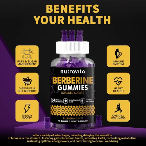 Miniatura 3 de Nutravita Gomitas de berberina con canela de Ceilán, 1500 mg de berberina de alta potencia, suplemento para apoyo inmunológico y metabolismo