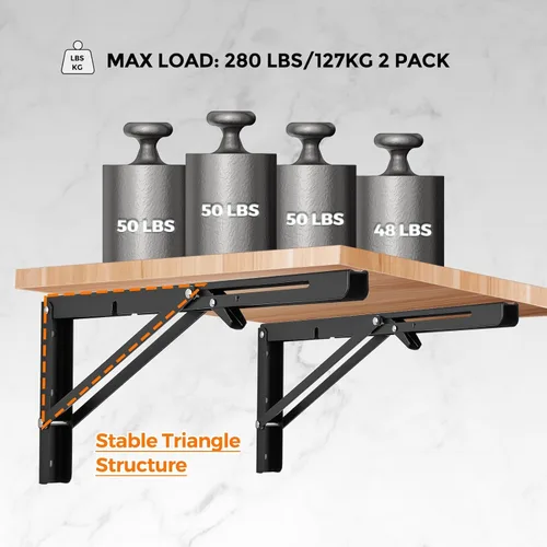 Miniatura 4 de Ravinte - Paquete de 2 soportes plegables de 20 pulgadas para estantes - Negro mate, soportes plegables resistentes para mesas y bancos - Diseño que