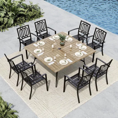 Miniatura 14 de MFSTUDIO Juego de comedor al aire libre para 8, juego de mesa y sillas de metal para patio, juego de muebles de patio de 9 piezas, juego de comedor