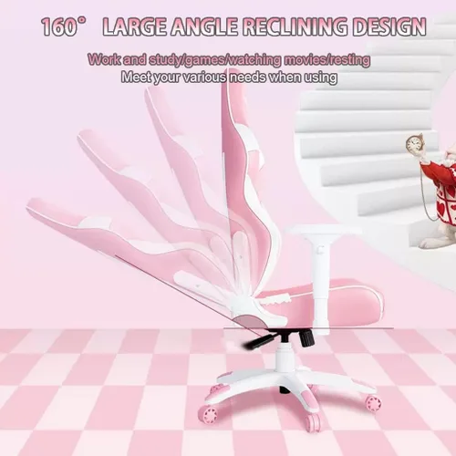 Miniatura 4 de Silla ergonómica para juegos de PC, silla de oficina fresca y tierna, color rosa para niñas, silla gamer, gran ángulo de 160°, puede acostarse