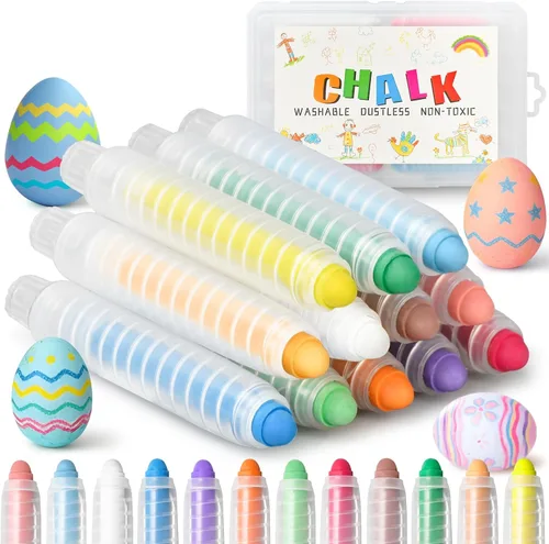 Tiza sin polvo para niños pequeños – Tiza de color para acera con soporte, 12 piezas, no tóxica, lavable, para exteriores, niños pequeños de 1 a 3