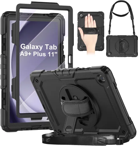 DUNNO Funda para Samsung Galaxy Tab A9+ Plus de 11 pulgadas 2023, a prueba de golpes con protector de pantalla, soporte giratorio de 360°, correa de