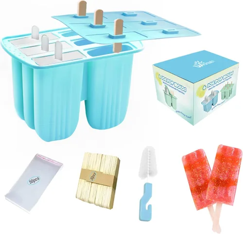 Miniatura 9 de Moldes de silicona para paletas con palillos, 6 cavidades, molde para helado con cepillo limpio, 6 palitos reutilizables, 50 palitos, 50 bolsas, Azul