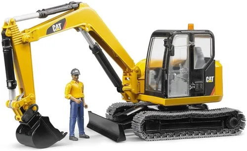 Bruder CAT Mini Excavadora de Construcción Juguete Excavadora con Trabajador, Escala 1:16, Piezas Funcionales Realistas