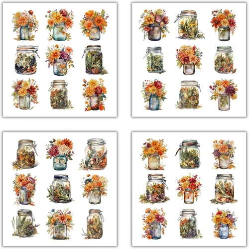 Miniatura 7 de XERE 144 Piezas Libro de Pegatinas de Frasco de Mason Cuatro Estaciones para Cuadernos de Diario, Libros de Bocetos, Fabricación de Marcadores