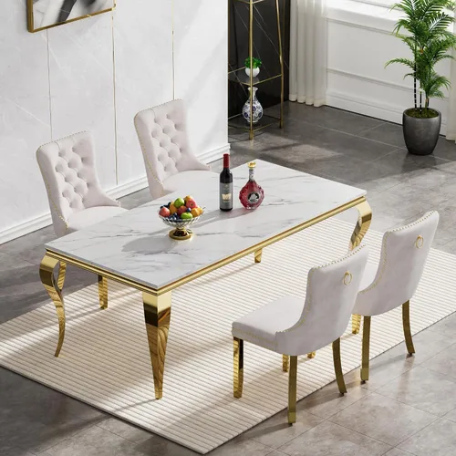 Miniatura 66 de Juego de mesa de comedor de mármol sintético, 7 piezas, juego de mesa de cocina y comedor para 6, mesa de comedor rectangular blanca de 70 pulgadas