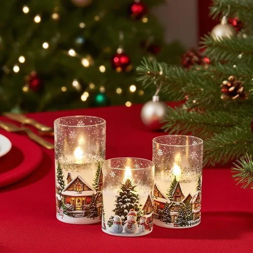 Miniatura 4 de Velas de cristal sin llama de casa de muñeco de nieve a pilas, con control remoto y temporizador; velas LED parpadeantes de cera real, luz blanca