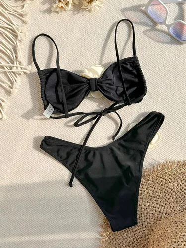 Miniatura 2 de BEAUDRM Conjunto de 2 piezas de bikini de flores 3D con lazo lateral triangular, traje de baño de corte alto para mujer