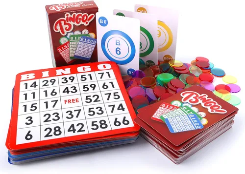 GSE Games & Sports Expert Juego completo de bingo con 50 tarjetas de bingo, 500 fichas, cubierta de tarjetas de llamada, juego divertido de fiesta