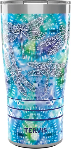 Tervis Traveler - Vaso aislado de triple pared con diseño de libélula de teñido anudado mantiene las bebidas frías y calientes, 20 onzas, acero