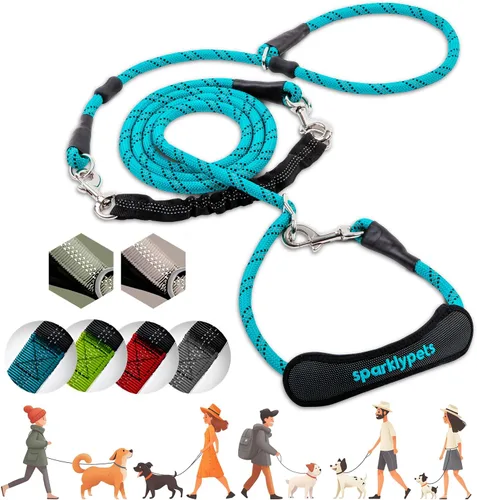 Miniatura 34 de Correa doble premium para dos perros, absorción de golpes, antitirón, doble correa para razas medianas y grandes con accesorio de correa doble
