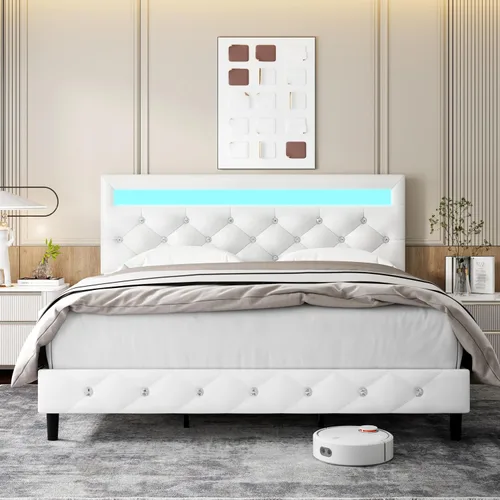 Miniatura 8 de TTVIEW Base de cama Queen con luces LED, marco de cama de plataforma de cuero con cabecera tapizada ajustable, luces LED de control de aplicación