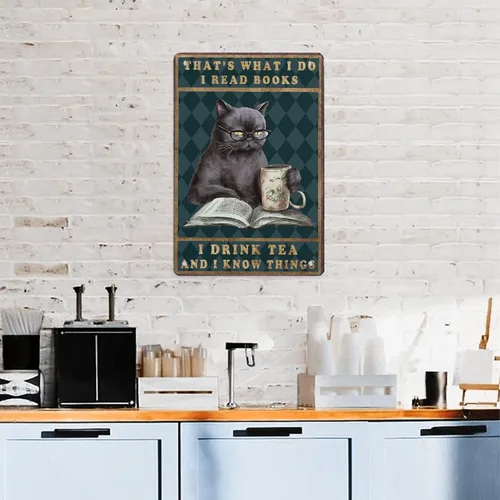 Miniatura 7 de Cartel de metal de aluminio con texto en inglés "Cat Kitty-I Read Books And Drink Tea", regalo para amantes de los gatos, para baño, jardín
